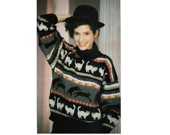 80s Cat All over Cat Fairaisle Pullover Sweater Knitting Pattern - One Size - Instant Download PDF Pattern