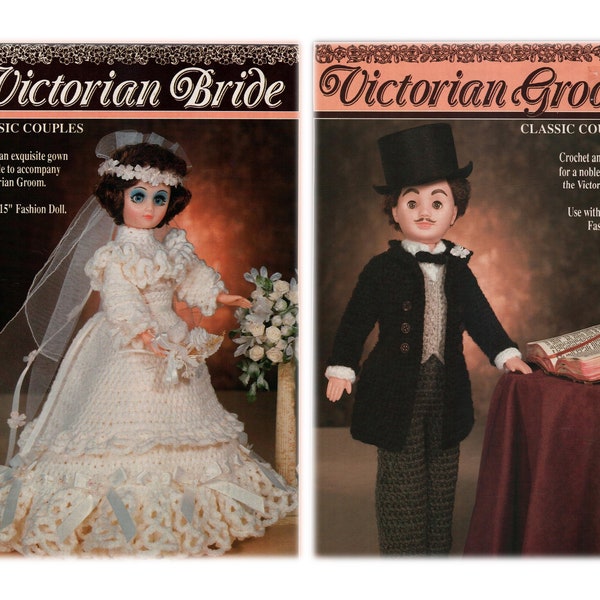 Classic Couples Victorian Bride and Groom Set - Crochet PDF Pattern Wedding Gown For 15" Fashion Doll & Groom Ensemble for 16" Fashion Doll