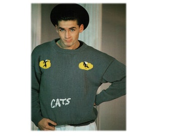 80s Cats Musical " Cats Eyes "  Pullover Sweater Knitting Pattern - One Size - Instant Download PDF Pattern