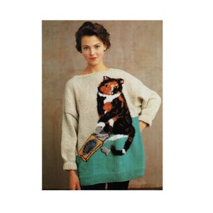 80s Cat and Sardines Pullover Sweater Knitting Pattern One Size Instant Download PDF Pattern image 1