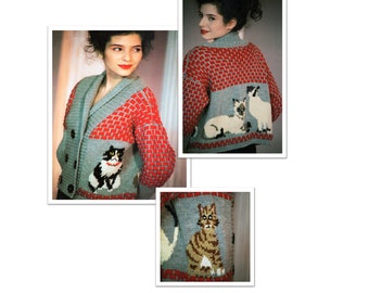 80s Double Breasted Cardigan Cat Sweater Knitting Pattern - One Size - Instant Download PDF Pattern