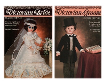 Classic Couples Victorian Bride and Groom Set - Crochet PDF Pattern Wedding Gown For 15" Fashion Doll & Groom Ensemble for 16" Fashion Doll