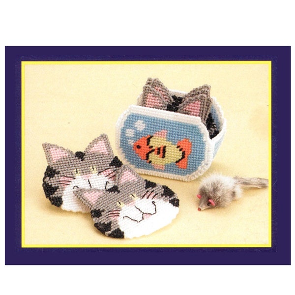 Cat Coasters with Fishbowl holder Plastic Canvas Coaster Set Digital PDF Pattern - Instant Download PDF Pattern