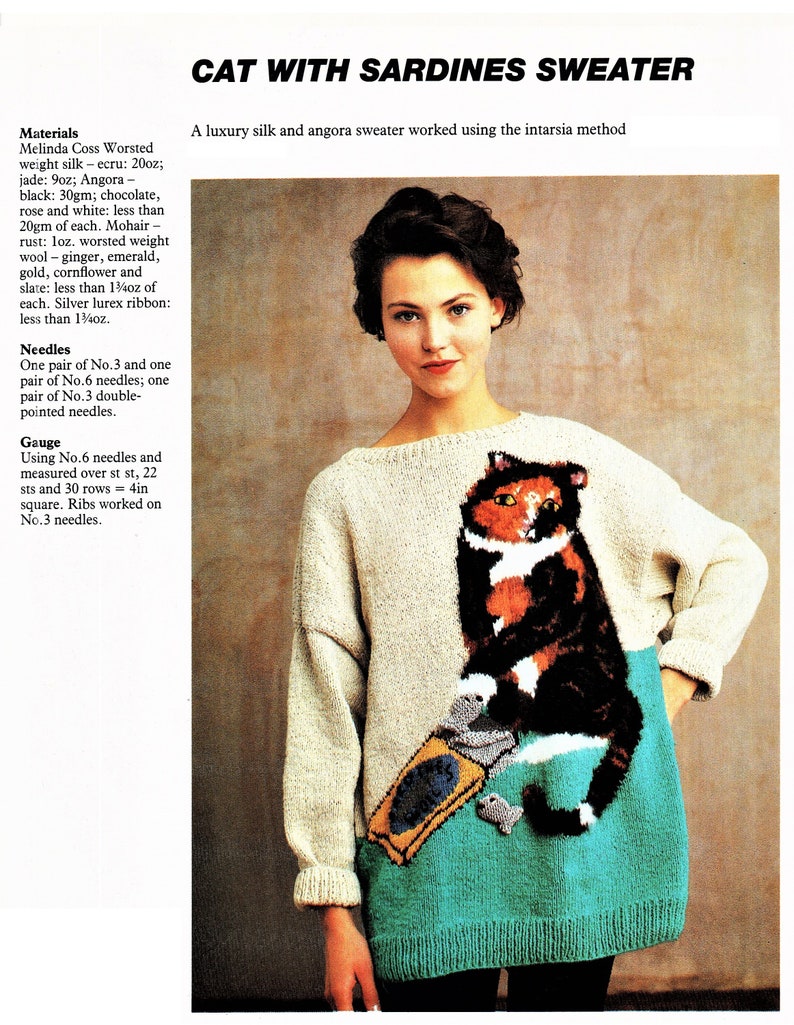 80s Cat and Sardines Pullover Sweater Knitting Pattern One Size Instant Download PDF Pattern image 4