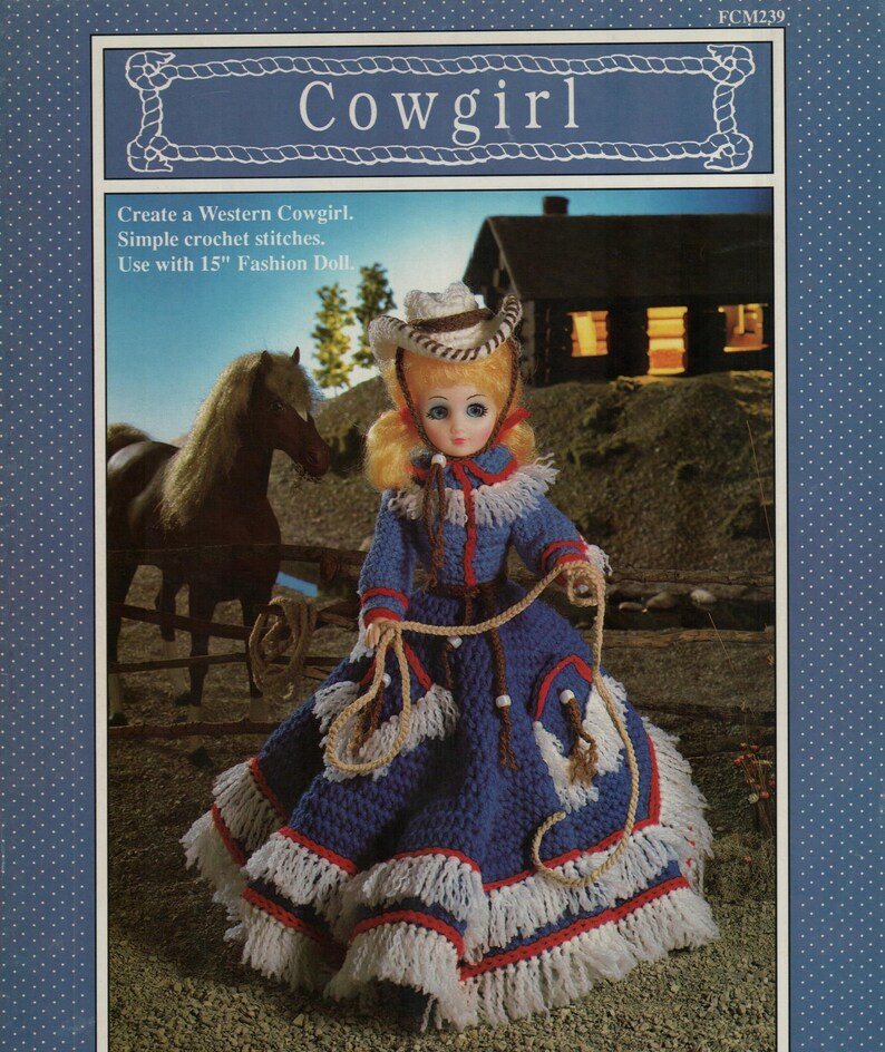 Vintage Western Cowgirl Crochet Pattern, Crocheted for 15 Fashion Doll Instant Downlaod PDF