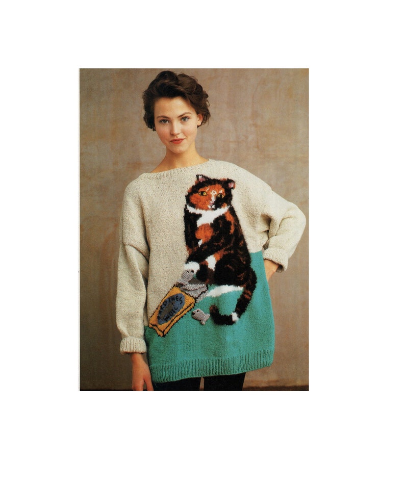80s Cat and Sardines Pullover Sweater Knitting Pattern One Size Instant Download PDF Pattern image 1