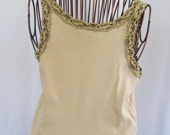 Boho Lace Tank Top Carmel Mocha Laced Trim 2 Tone Brown Tank Top Cotton Spandex Blouse Spandex Clothing Lace Trim Tank Tops sz L Large
