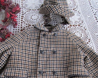 Darling Antique Childrens 2 pc Wool Plaid Jacket & Wool Plaid Hat Childrens Toddler Wool Jacket Antique Leather Buttons Toddlers Peacoats