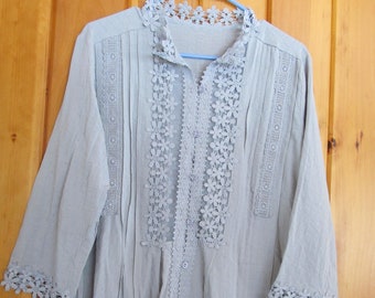 Slate Blue Boho Blouse Women Tunic Blouse sz M Lovely Pastel Blue Blouse Sheer Blouse Womens Flowy Tops sz M Blue Blouse sheer Lace Medium