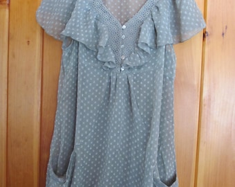 Cottagecore Top Sage Green sz Large Top Womens Sz L Tops and Blouses Polka dot and Lace Lined Pockets Cottage Core