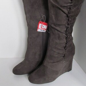 New with Tags Gray Leather Boots Grey Faux Suede Boots Wedge Heel Boots 1990&#39;s Boots NOS Vintage Leather Boots size 6 M Textile Uppers
