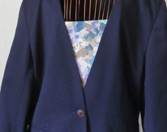 Retro 80s Navy Blue Blazer sz L with Floral Insert Blazer Jacket sz L Cross Country Fashion Womens Office Clothing Womens Blazer Sz L