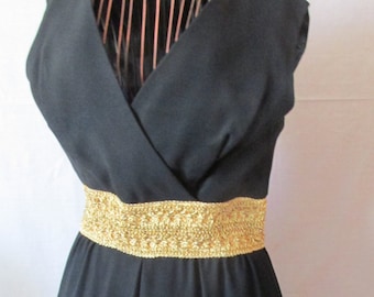 1960s Black Evening Dress  Gold Wide Belt Dress  60s 70s Maxi dress 1970s Evening Dress Black 1970s era clothing prop Dresses Mad men Dress