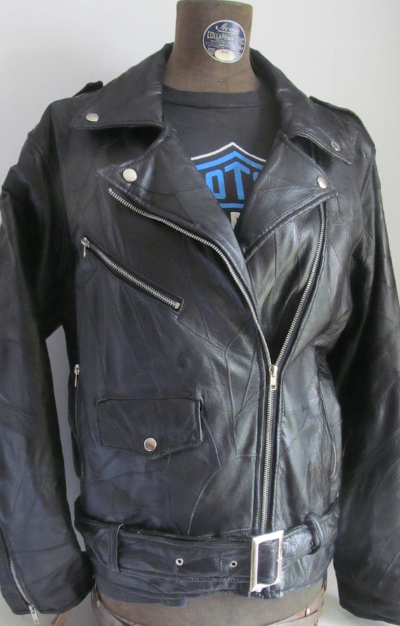 80s Black Leather Biker Jacket Eagle Patch on Back | Etsy