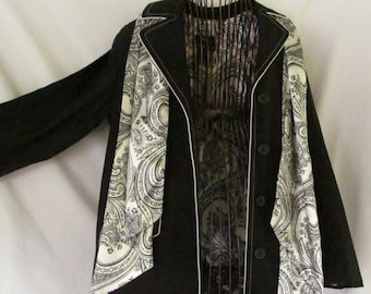 Black and White Paisley Print Lined Lightweight Jacket  Trench Coat Designer Dennis Basso Women Black Jacket Bohemian Paisley Print