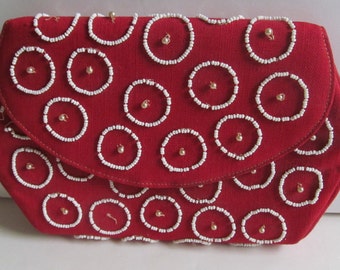 Red Hand Beaded Purse Circles and Dots Mid Century LuJean Designer Purse Red Clutch Handbag Polka Dot Designer Evening Bag   Vegan Handbag