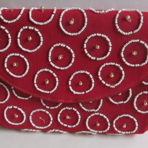 Red Hand Beaded Purse Circles and Dots Mid Century LuJean Designer Purse Red Clutch Handbag Polka Dot Designer Evening Bag   Vegan Handbag