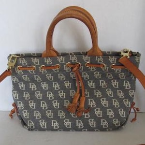Vintage Dooney and Bourke Purse Satchel Brown Blue Canvas Leather Vintage Dooney Bourke Handbag Blue and white Tan