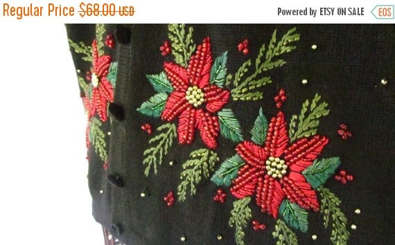 Sz L Poinsettia Sweater Faux Fur Removable Collar