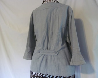 Women sz XL Bustle Back Pinstripes Blue and White Shirt Adorable 3/4 Sleeve Blouse Women sz XL Zip Front