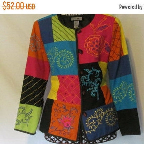 Bohemian Embroidered Blazer Jacket sz S/M 90s Neon Blazer Jacket light Weight Coat Y2k Embroidered Clothing Made in India Clothing Boho