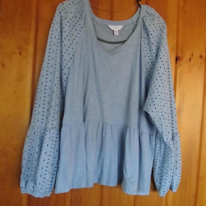 Pu&ograve; includere: Una blusa azzurra a maniche lunghe con un orlo a balze e dettagli traforati sulle maniche.