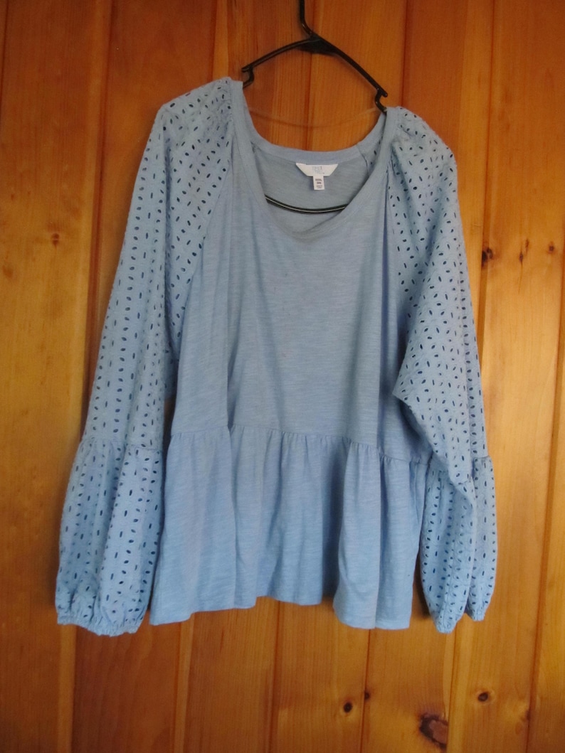 Pu&ograve; includere: Una blusa azzurra a maniche lunghe con un orlo a balze e dettagli traforati sulle maniche.