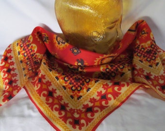 Burnt Orange Warm Fall Colors Rust Vintage Silk Scarf Orange Yellow Navy Blue Scarf Mcm Scarfs Vintage scarfs Yellow scarfs Fall Scarf