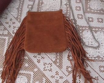 So 70s Suede Leather Fringe Crossbody Purse vintage Brown Suede Leather Purse Long Silver Chain Shoulder Bag Genuine Leather Handbag