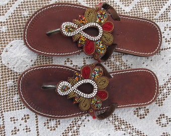 Vera Pelle Beaded Leather Sandals Womens sz 8.5 42 Sandals Handbeaded Sandals Unique Summer Sandals Thong Italian Leather Sandals sz *.5