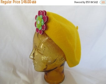 Yellow Wool Flower Power Mod Wool Baret Hat Yellow Baret Fascinator Hat Felt Flower Wool Hat