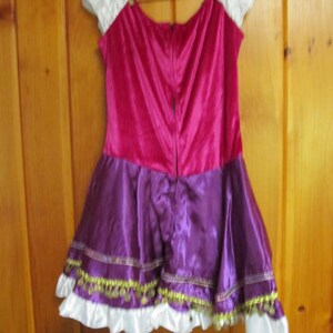 May include: A purple and pink costume dress with gold trim and white ruffles. The dress has a zipper in the back.
