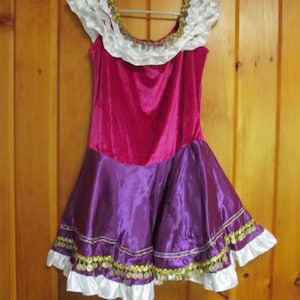 May include: A purple and pink dress with white ruffles and gold trim. The dress has a velvet bodice and a satin skirt.