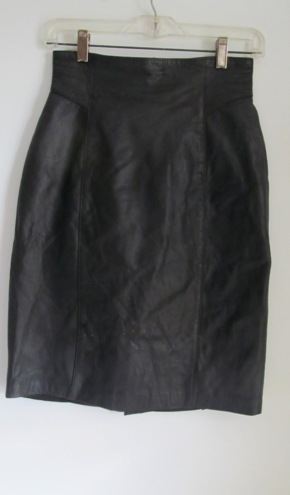 80s High Waist Skirt Fitting Black Leather Skirt 8