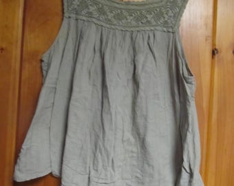 Blusa 100 % algodón verde salvia Gap talla L Blusa de crochet con encaje estilo bohemio sin mangas para mujer talla grande Blusa estilo cottage vibe estilo bohemio talla L