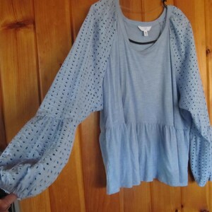 Pu&ograve; includere: Una blusa azzurra a maniche lunghe con orlo a balze e dettagli a occhielli sulle maniche.