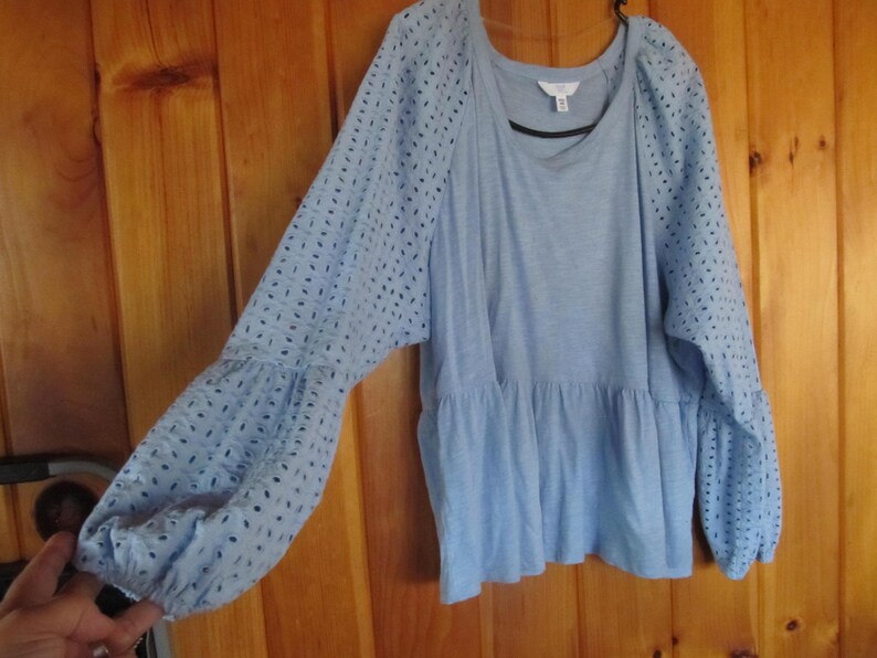 Pu&ograve; includere: Una blusa azzurra a maniche lunghe con orlo a balze e dettagli a occhielli sulle maniche.