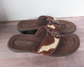 Sz 10 Rare Minnetonka Leather Sandals Womens sz 10 Sandals Pony Hair Handmade Shoes Unique Shoes Silver Buckles Thong Leather Sandals