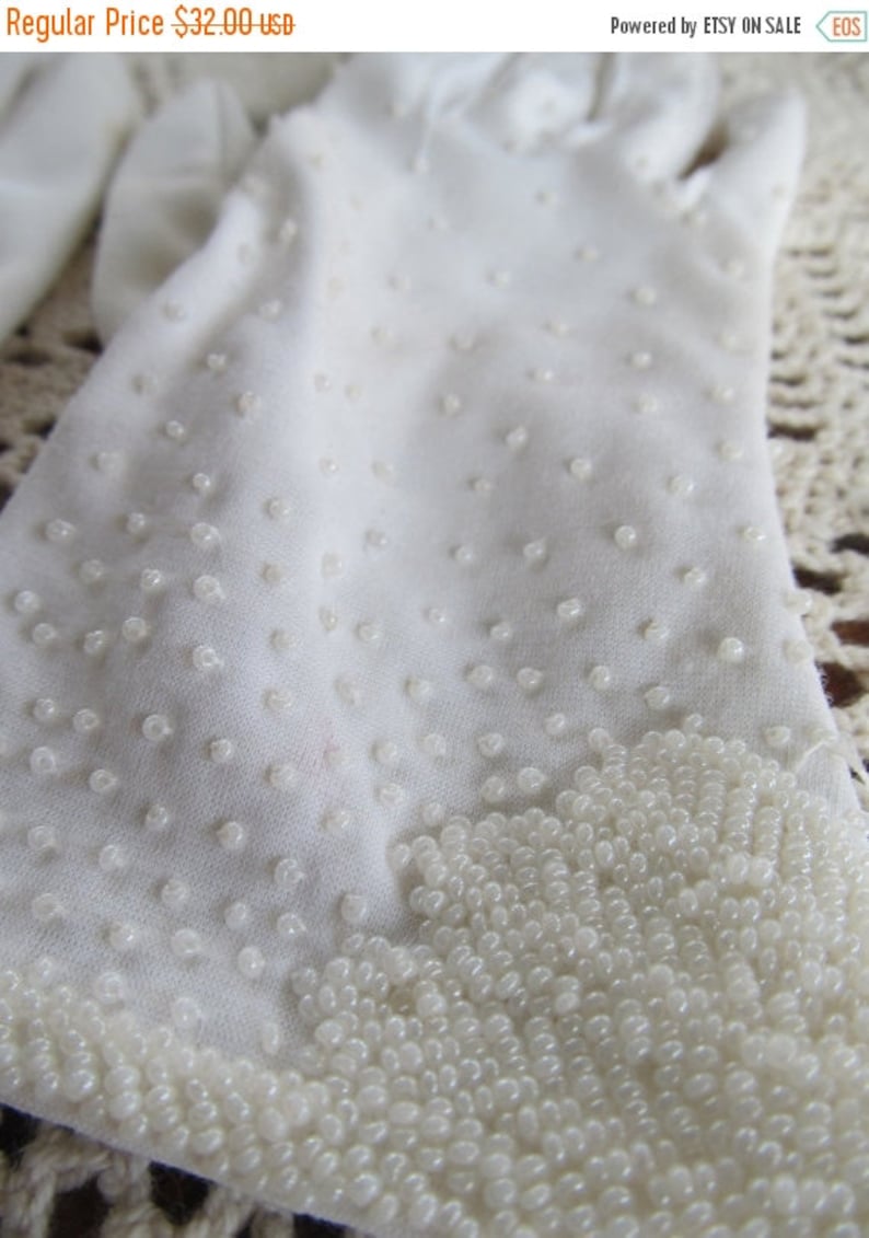 Wedding Gloves White Gloves Wedding Beaded Gloves Woman Sz S Small White Glass Beads Made British Hong Kong Glass beaded Gloves Womens Glove