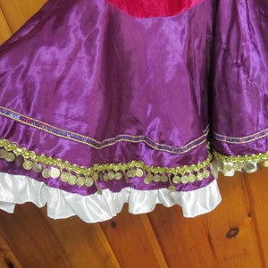May include: A purple satin skirt with a gold and silver trim and a white ruffle at the bottom.