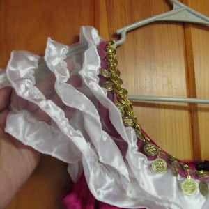 May include: A pink and white costume top with a gold coin trim. The top has a white ruffle trim and a sheer overlay.