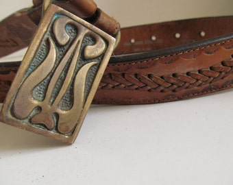 38 waist Hand Tooled Brown Leather Belt Vintage Steer Hide Leather Belt and Buckle Unisex Brown Leather Belt sz 38 Solid Brass Belt Buckle