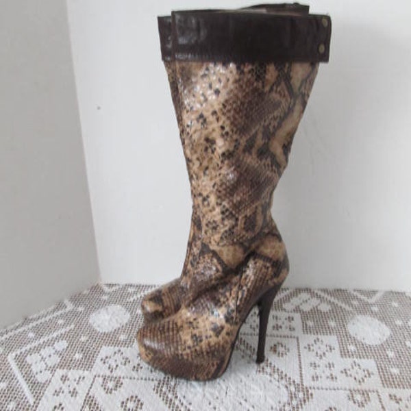 Boudoir Spike Heel Boots Faux Snake Skin Boots Womens sz 7 Euro 38 Boots Brown Boots 6" Heel Boots Sexy Boots Bohemian High heels Boots Y2K