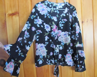 Vintage Maurices Long Sleeve sz XL Blouse size xl NWOT size tops Lacey Tops Bell sleeves Lacey Blouse Black Floral Tops size XL