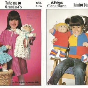 May include: Two vintage knitting pattern covers. One features a girl holding two Cabbage Patch dolls, with text "Take me to Grandma's" and "crochet in BEEHIVE ASTRA". The other shows a girl with two dolls, with text "Junior Joggers".