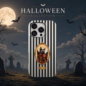 May include: A phone case featuring a black and white vertical striped pattern with a central oval gold frame containing an illustration of a bat wrapped in a plaid blanket holding an orange mug. The case has a camera cutout at the top.