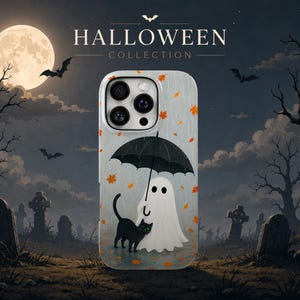 May include: A phone case featuring a white ghost holding a black umbrella and a black cat with green eyes, surrounded by falling orange autumn leaves. The background shows a dark graveyard scene with a full moon, bats, and the text HALLOWEEN COLLECTION.