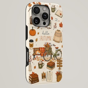 May include: A cream-colored phone case featuring an autumn-themed pattern with illustrations of a pumpkin, a sweater, a bicycle, a bench, books, and mugs. The text "hello, AUTUMN" is printed in the center, surrounded by fallen leaves and seasonal icons.