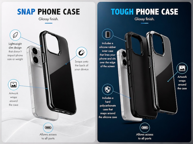 May include: A comparison of two phone cases. The Snap Phone Case features a lightweight, slim, glossy design that snaps onto the device. The Tough Phone Case includes a silicone rubber inner case and a hard polycarbonate outer shell with a glossy finish.