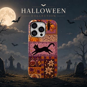 Halloween Folkkonst Mobilskal Häxig Patchwork Katt TOUGH Fodral för iPhone 17 Pro Max, 16e, 15, 14, 13 & Samsung S26 Ultra, S25 FE, Pixel 10